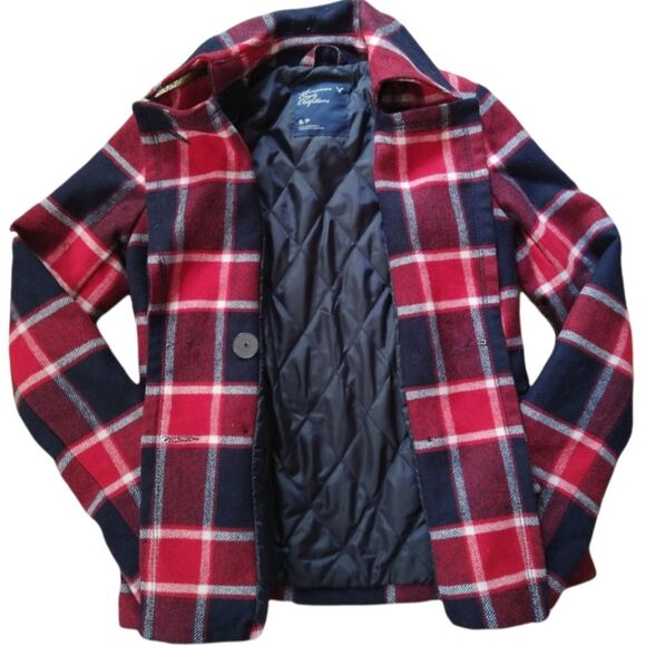 American Eagle Plaid Wool Pea Coat - Picture 3 of 6